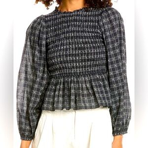 The Great Contessa Linen Cotton Plaid Peplum Long Sleeve Blouse size 0 Navy Fall